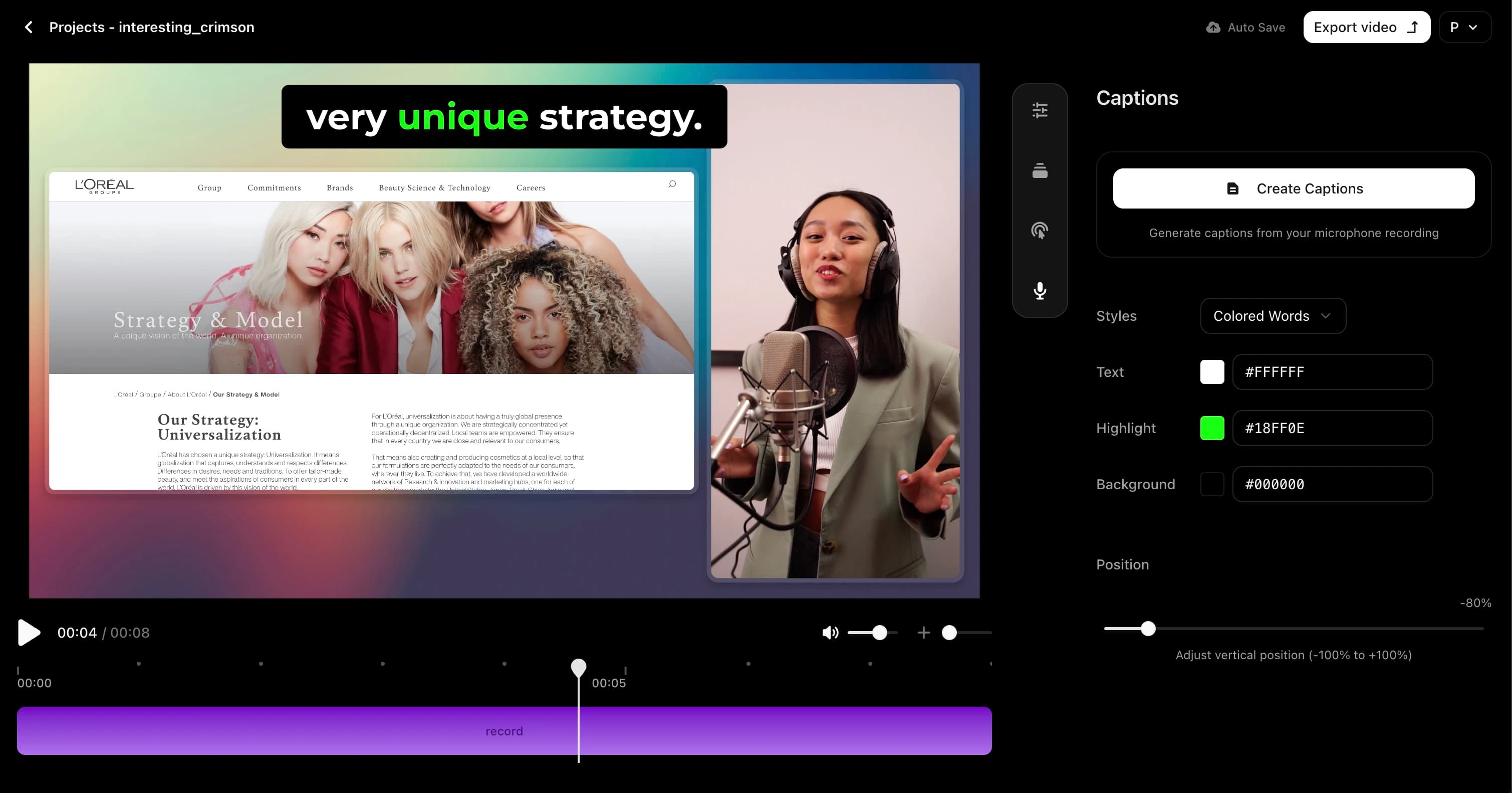 Beginner-friendly video editor interface for presentations